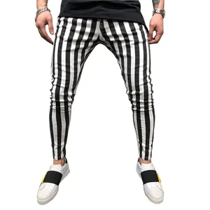 Men's Quick Dry Polyester Spandex Checkerboard Striped Sports Pants Skinny Fitness Gym Running Training Sweatpants Bottom