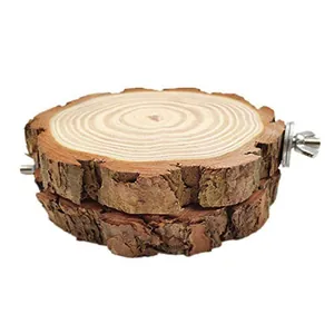 Natural pine wood bird perch platform with tree bark and metal wing nut fixing screw