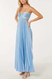 Full view of elegant light blue pleated halter neck maxi dress with stylish side cutouts