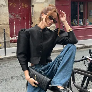 Chic black puff sleeve court style shirt with elegant retro stand collar details