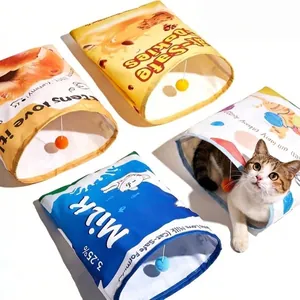 Interaktives Katzentunnel Spielzeug Knisterpapier Lebensmittelbeutel Design Keks Milch Brot Muster Katzenröhre Mit Hängeball