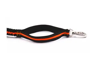 Close-up of durable reflective dog leash with metal swivel snap hook for safety.