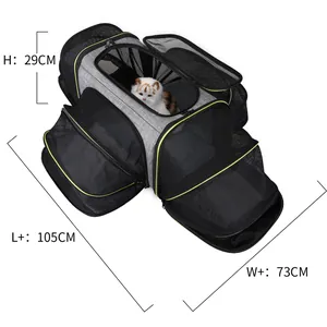 Detail view of expandable pet carrier showing dimensions: 105cm L, 73cm W, 29cm H