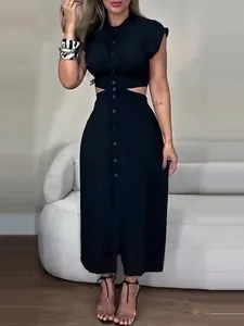 Elegant black sleeveless maxi dress featuring waist cut-outs and front buttons for women