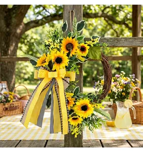 Artificial sunflower wreath with vibrant yellow bow for autumn porch door decoration