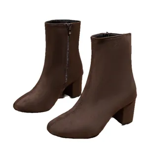 Stylish brown suede-like block heel ankle boots for women with functional side zipper