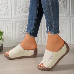 Comfortable cream wedge slippers for women with peep-toe and stylish platform sole