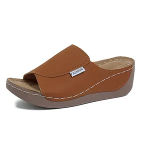Casual brown wedge platform sandals for women with a fashion label and peep toe
