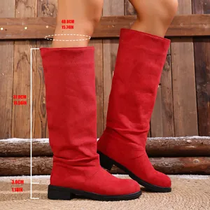 Detail of red pleated tall knight boots showing heel height and shaft measurements