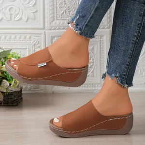 Casual brown platform wedge sandals for women with peep toe design and stitch detail