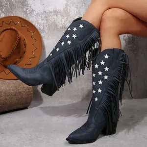 Navyblauwe western cowboylaarzen met witte sterren en stijlvolle lange franjes details
