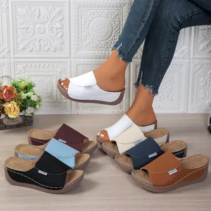 Women Plus Size Platform Wedge Sandals Fashion Peep Toe Casual Summer Slides Synthetic Leather Outdoor Slippers Letter Decoration