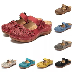 Retro Damen Keilsandalen Blumen Deko Hohl Rund Zehe Plateau Mules Sommer Freizeit Schuhe Große Größe
