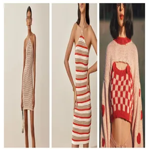 Chic collection of handmade crochet halter dresses and red checkered knit crop top