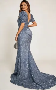 Elegant blue sequined maxi evening gown with V-neck back and stylish lantern sleeves