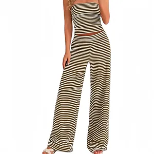 Detailed full view of women's casual brown and white striped tube top and wide-leg trousers set