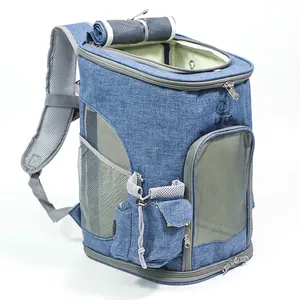 Atmungsaktiver blauer Haustier-Rucksack aus Oxford-Gewebe mit Netzfenstern für Reisen
