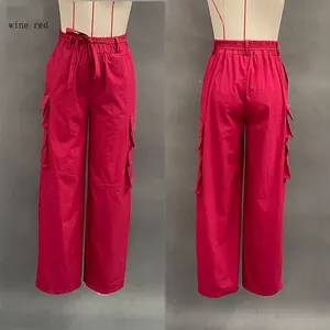 Detailed front and back views of wine red high-street loose wide-leg cargo pants for women