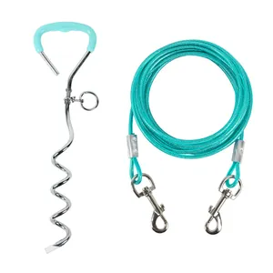 Durable metal spiral dog stake with turquoise wire leash for outdoor yard security
