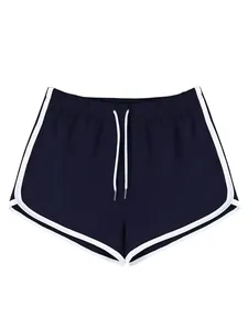 Dettaglio vista frontale di pantaloncini sportivi blu navy da donna con bordo bianco