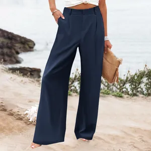 Pantaloni a gamba larga a vita alta blu navy per un look elegante da vacanza estiva