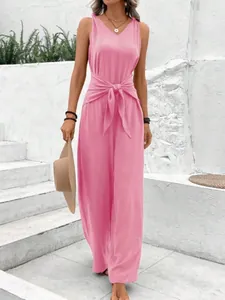 Elegant pink V-neck sleeveless wide-leg jumpsuit with stylish front tie knot detail