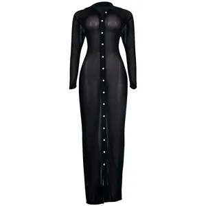 Detailed view of a sexy black sheer mesh long sleeve button-down maxi dress for clubwear.