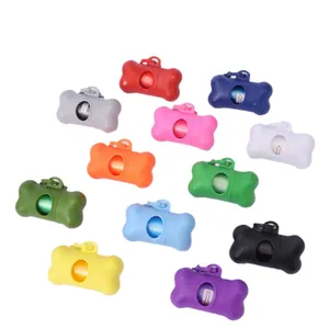Portable bone-shaped pet poop bag dispensers in multiple vibrant colors for dog walking