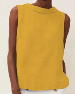 Detailed view of a mustard yellow cotton linen sleeveless top featuring a boat neck