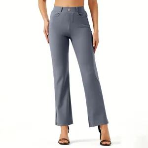 Front view of women's grey straight leg casual trousers with comfortable elastic waist