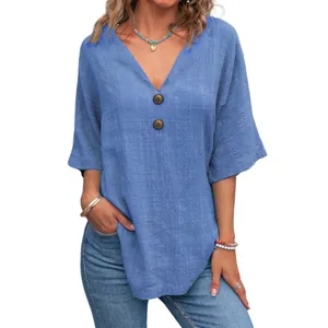 Camicetta casual blu da donna con scollo a V, maniche corte, bottoni decorativi e trama lino