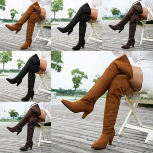 Damen Overknee Stiefel Wildleder Spitz Zulaufend Blockabsatz Mode Lange Stiefel Herbst Winter Schlank Schick Schuhe