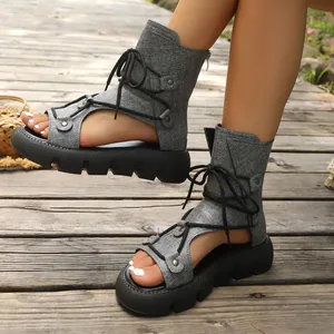 Damen Römische Gladiatoren Plateau Sandalen Schnürung Peep Toe Cool Boots High Top Mode Lässig Sommer Schuhe
