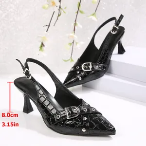 Detailed view of black pointed toe heels showing the 8cm/3.15in stiletto height