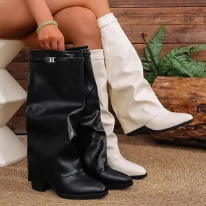 Women Slouchy Gaiter Boots Pointed Toe Block Heel High Tube Boots British Style Faux Suede Leather Folds Boots With Buckle