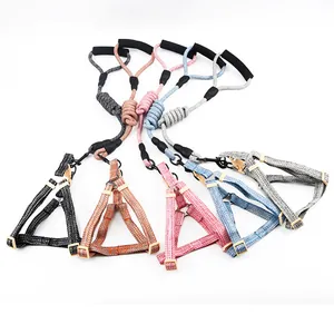 Dog harness and leash set with foam handle and linen rope in Morandi colors