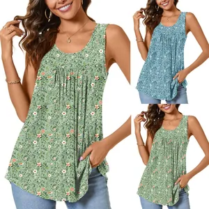 Stylish summer sleeveless floral print tunic top with pleated crew neck for women