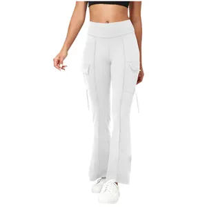 Detailed view of white high-waisted yoga cargo pants with functional side pockets