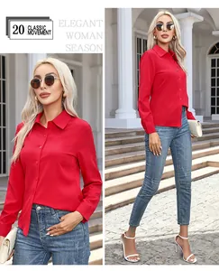 Detailed view of elegant red long-sleeved button-up blouse for women on casual jeans
