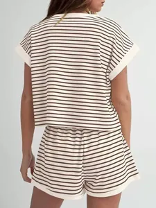 Back view of women's casual striped short-sleeved top and elastic waist shorts set
