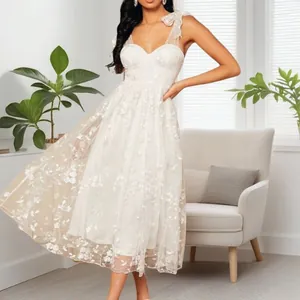 Detail view of the intricate white floral lace embroidery on the midi party dress
