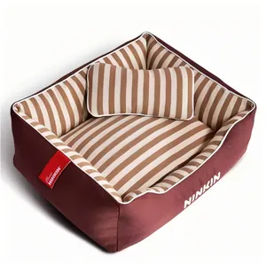 Premium rectangular coffee brown striped dog bed with matching pillow for all seasons