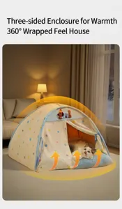 Cozy semi-enclosed tent cat bed with colorful polka dot pattern and warm plush cushion