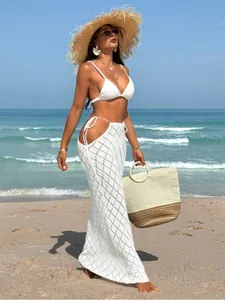 White crochet maxi skirt with side ties and diamond hollow-out pattern for beachwear