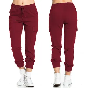 Front and back detail of burgundy women's cargo jogger pants with side pockets