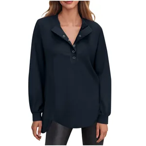 Comfortabele casual damessweatshirt met lange mouwen en knoopsluiting in effen marineblauw