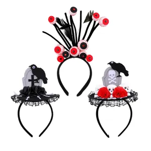 Halloween headbands set including bloody eyeballs, gothic tombstones, and skulls décor
