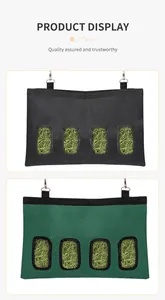 Detail showing large capacity hay feeding bags in black and green colors with four holes