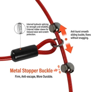 Heavy-duty red steel core dog P-leash with anti-burst metal sliding buckle