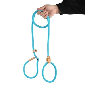 Detailed view of the durable blue braided P-rope dog leash with leather connectors